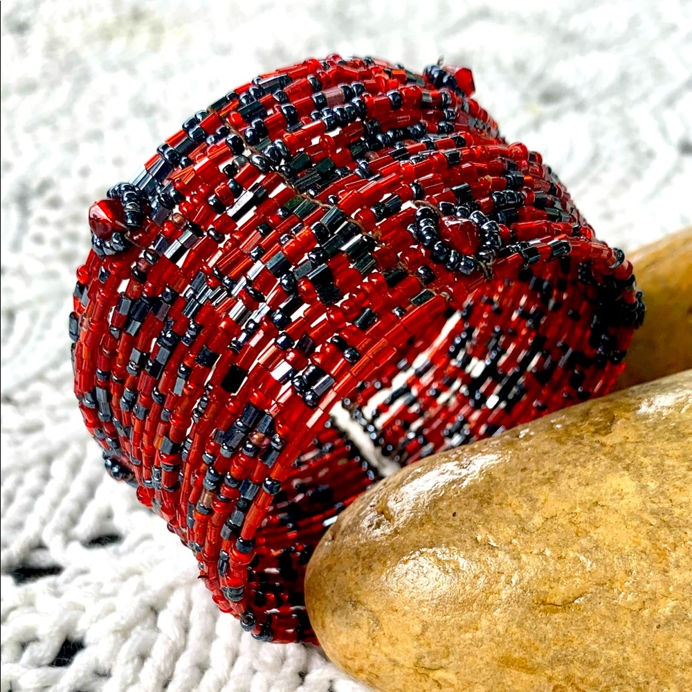 Red and Black Cuff Beaded Metal Bracelet